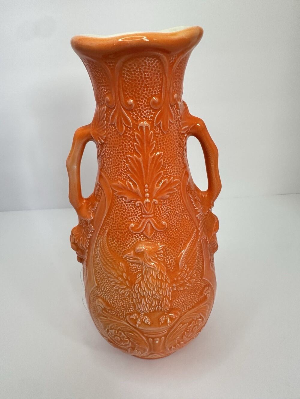 Vintage Orange Ceramic Eagle Vase Double Handle Embossed Art Pottery 10”